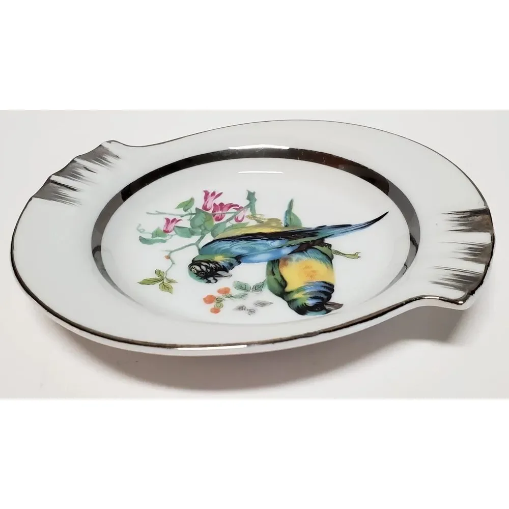 Norleans Ashtray Parrot Bird Japan Hand Paint Dish Ring Hold Porcelain Bl/Grn/Yl